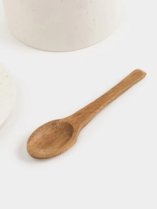 Storage container, 16 cm, 750 ml, with spoon, ceramic / wood, milky, speckled, Delicia, image-4