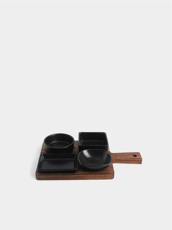 Snack set, 4 items, on a stand, ceramic / wood, black, Shape geometry, Black style , image-1