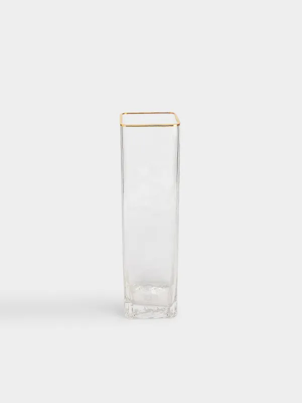 Flower vase, 30 cm, glass, rectangular, with golden edging, Ripply Gold, image-0
