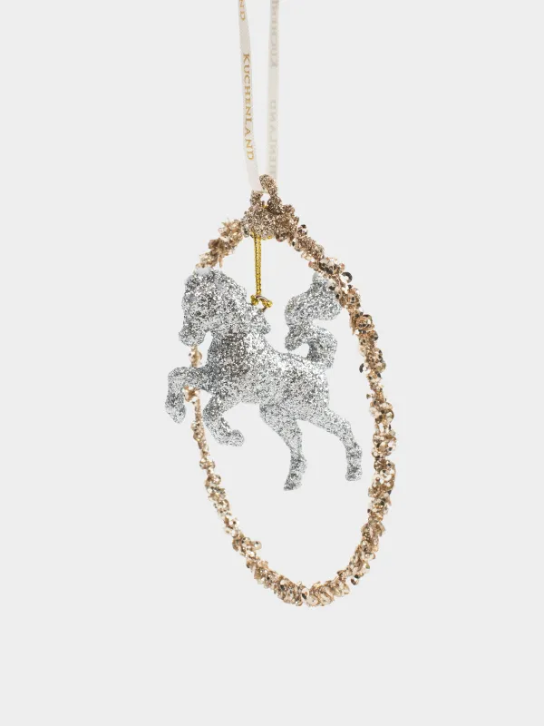Christmas tree toy, 11 cm, metal / plastic, champagne, Horse, Figure sparkle, image-1