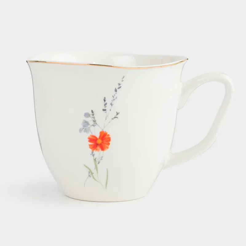 Mug, 320 ml, porcelain N, white, with golden edging, wildflowers, Yarrow