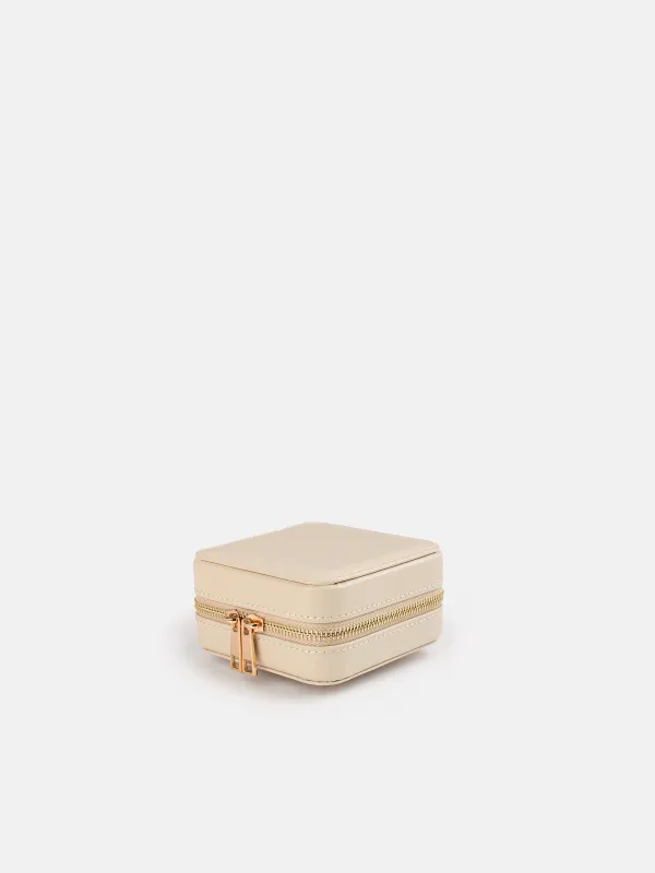 Jewelry box, 12x12 cm, with mirror, PU leather / MDF, beige, Premiere small, image-0