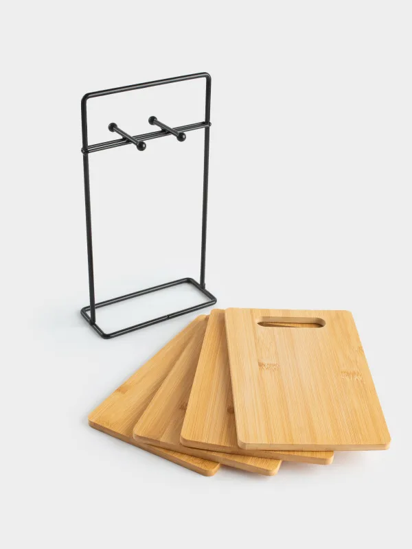 Cutting board, 22x14 cm, 4 pcs, on a stand, bamboo / steel, rectangular, Bamboo, image-1
