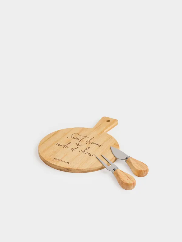 Cheese set, 3 items, dish board with handle, bamboo / steel, round, Cheese, bamboo, image-0