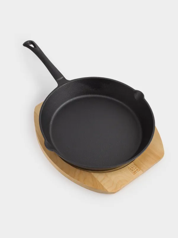 Frying Pan with base, 25 cm, cast iron/wood, round, black, Authentic, image-3