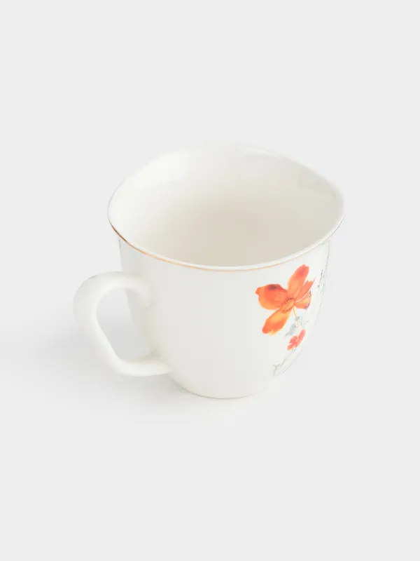 Mug, 320 ml, porcelain N, white, with golden edging, wildflowers, Yarrow, image-1