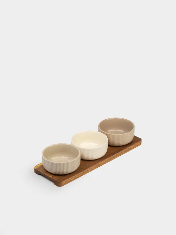 Snack set, 3 pcs, on a stand, ceramic / wood, mix, Ribbed bowls, Noble tree, image-0
