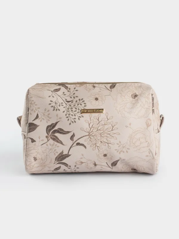 Cosmetic bag, 21x13 cm, polyurethane, beige, Brown flowers, Brown flowers, image-0