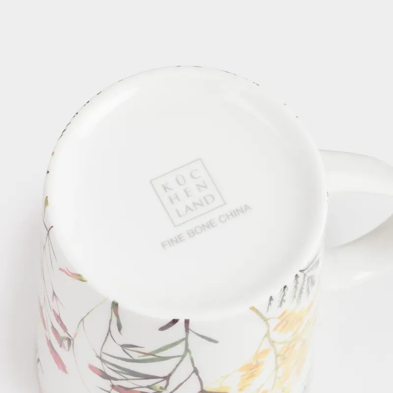 Mug, 450 ml, porcelain F, white, with golden edging, Flowers and mimosa, Flower garden, image-3