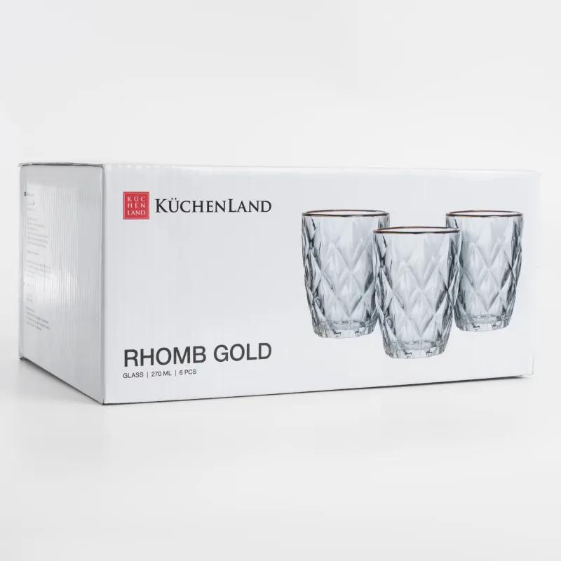 Glass, 10 cm, 270 ml, 6 pcs, glass R, with golden edging, Rhomb gold, image-6