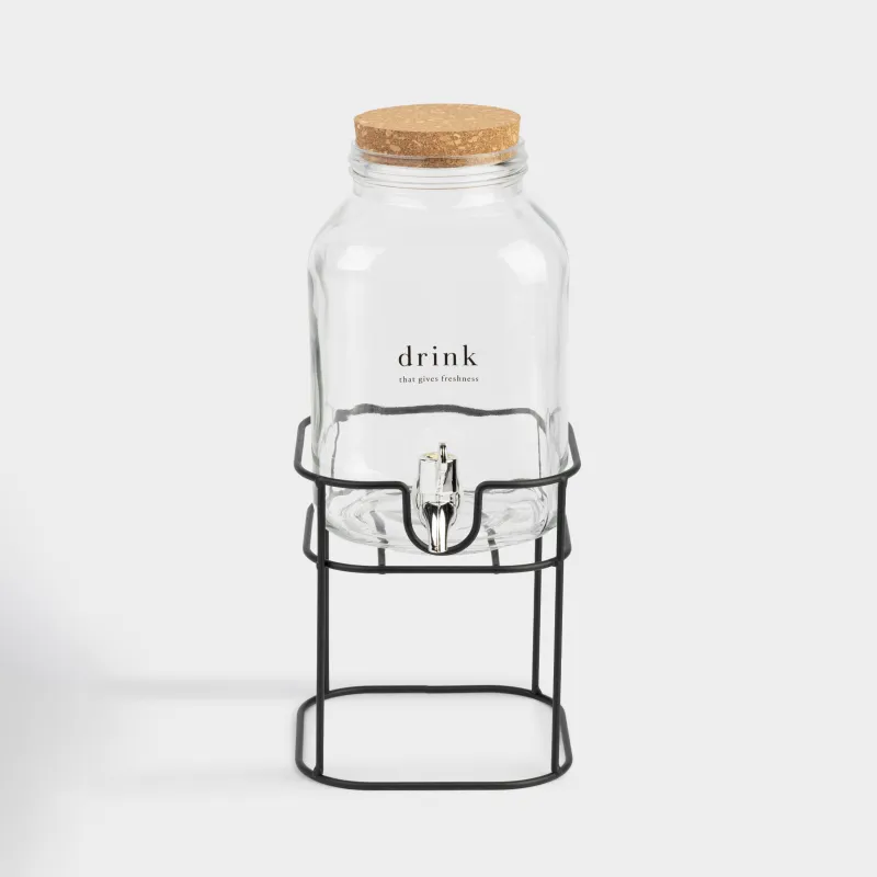 Beverage dispenser, 3 L, on a stand, Glass / cork / metal, Clear font