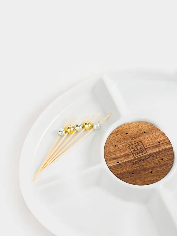 Divided plate, 27x22 cm, 4 compartments, with skewers, porcelain / bamboo, white, Light kitchen, image-3