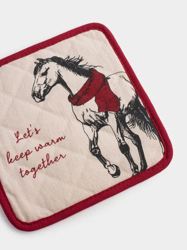 Potholder, 20x20 cm, cotton, grey-beige, Horse, Horse in scarf, image-4
