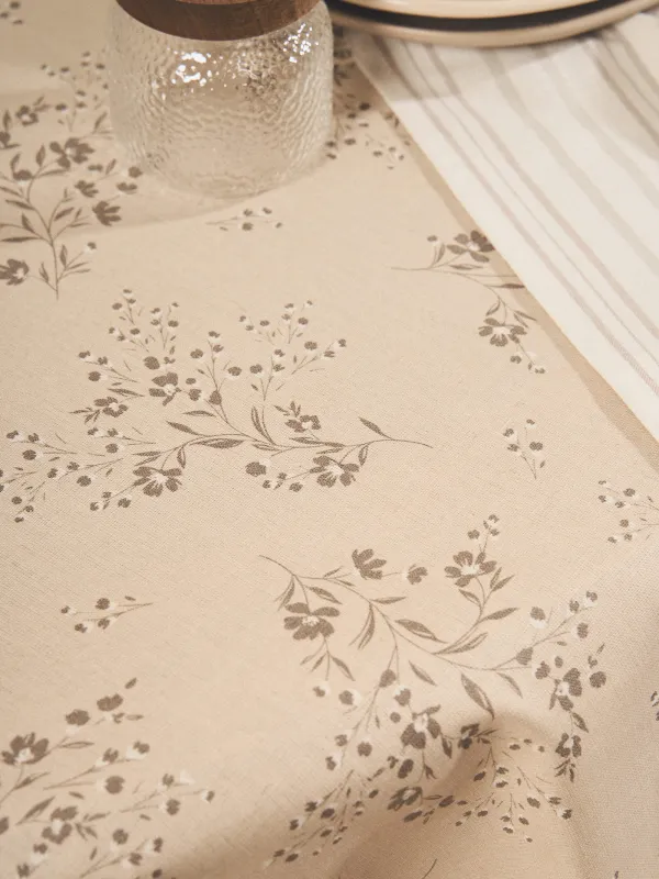 Tablecloth, 160x160 cm, PU coated, polyester / viscose / linen, beige, Branches with flowers, Branches, image-10
