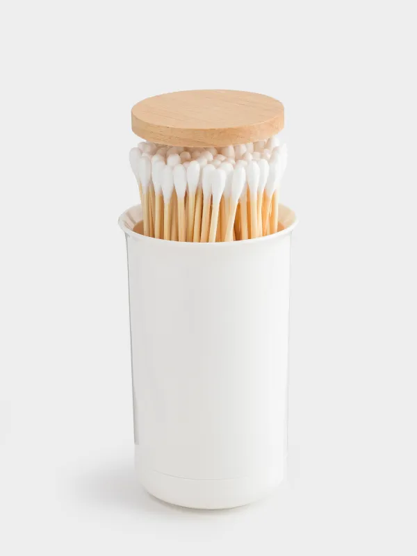Cotton swab container, 12 cm, plastic / rubber wood, White, White style, image-6