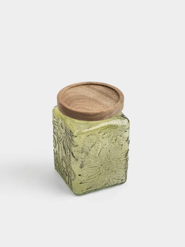Bulk products jar, 750 ml, glass R / wood, green, Flowers, Bloome wood, image-1