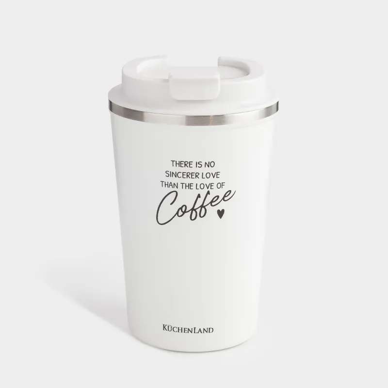 Thermo mug, 350 ml, steel / plastic, white, with inscription, Coffee time