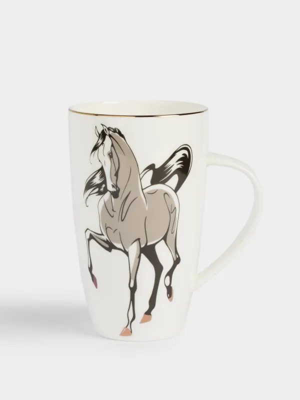 Mug, 600 ml, porcelain F, white, with golden edging, Horse, Horse, image-0