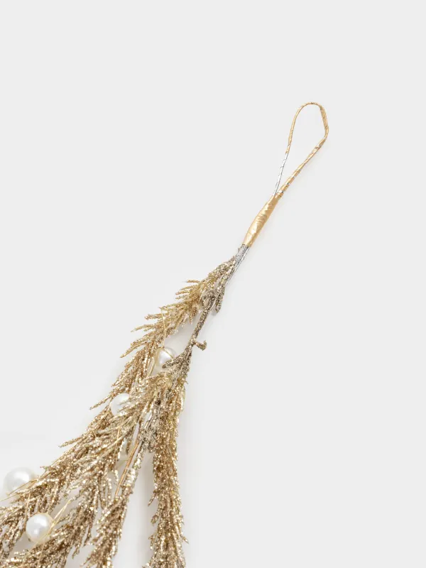 Decorative garland branch, 1.2 m, plastic / metal, champagne, Needles and beads, Conifer champagne, image-4