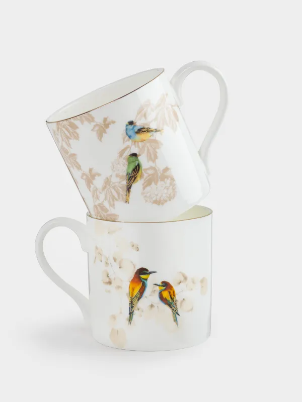 Mug, 380 ml, 2 pcs, porcelain F, with golden edging, Rainbow bee-eaters and goldfinches, Paradise bird, image-0