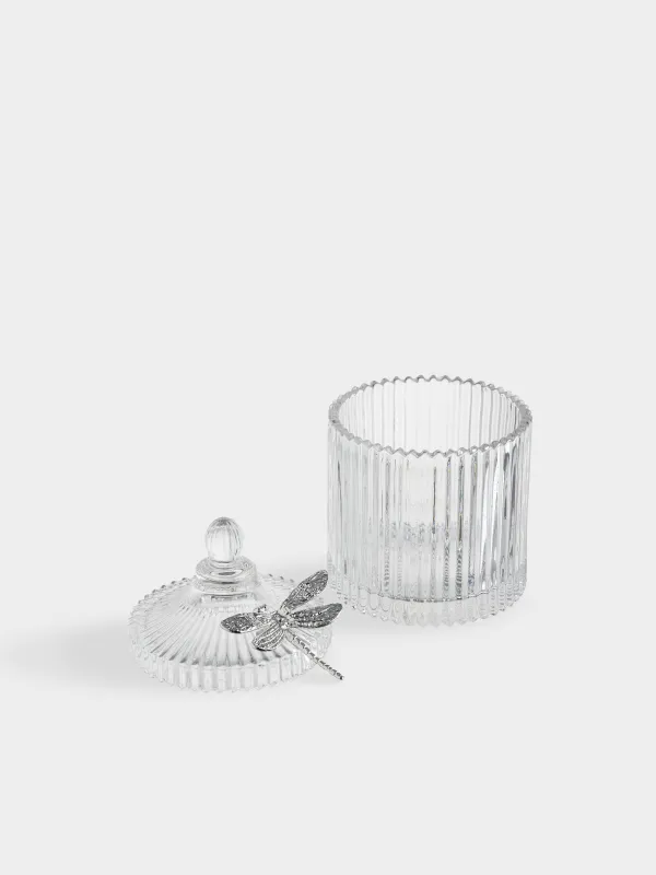 Candy bowl, 17x10 cm, 550 ml, with lid, glass R / metal, Silver dragonfly, Selene, image-2