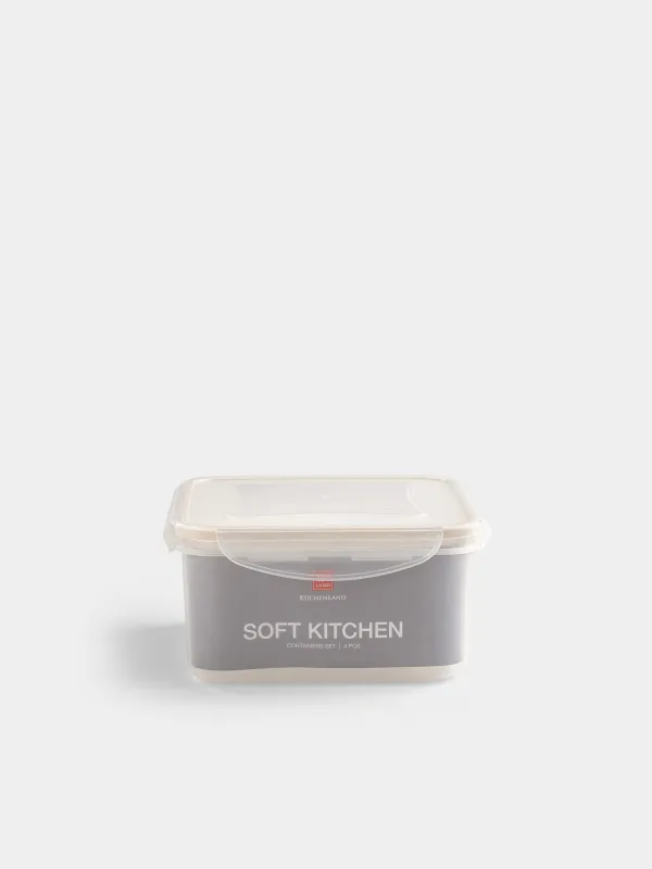 Container set, 4 pcs, with clips, plastic / silicone, Square, Beige, Roomy clip, image-5
