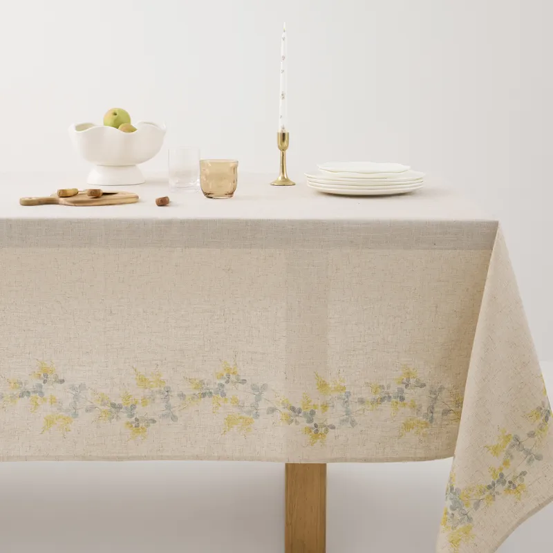 Tablecloth, 160x160 cm, polyester / linen, beige, Mimosa, Mimosa flowers