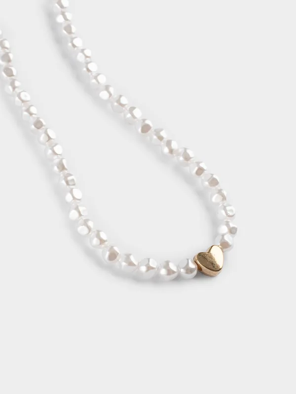 Choker, 38 cm, plastic / glass, white and gold, Heart, Pearl heart, image-1