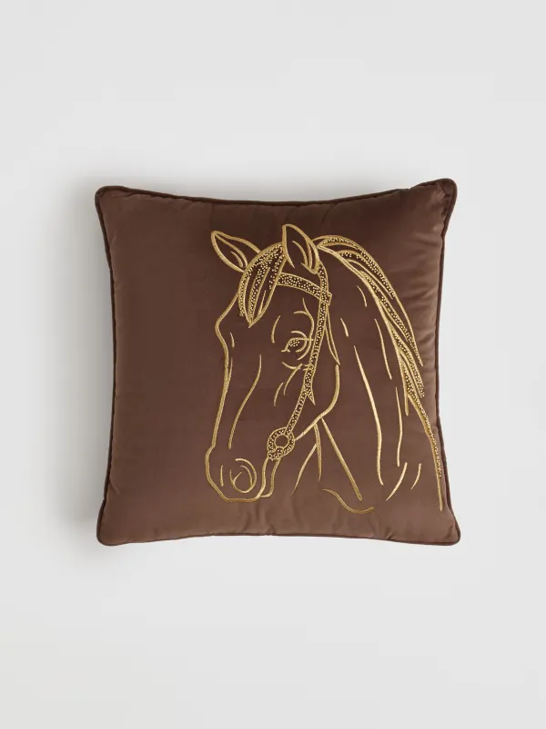 Decorative pillow, 45x45 cm, velvet / beads, brown, Horse, Horse, image-0
