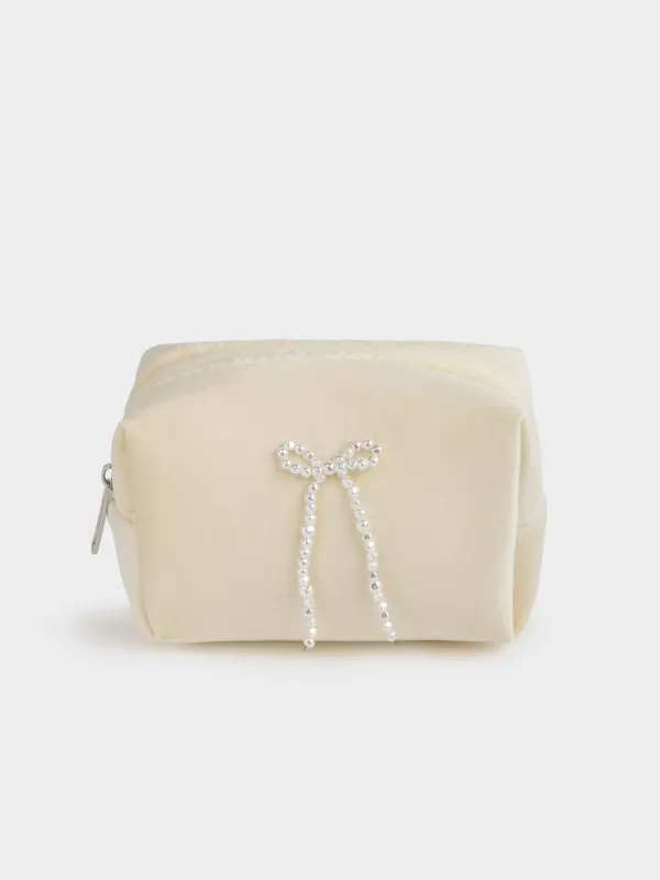 Makeup bag, 15x10 cm, polyester/plastic, milky, Pearl bow, Beauty box, image-0