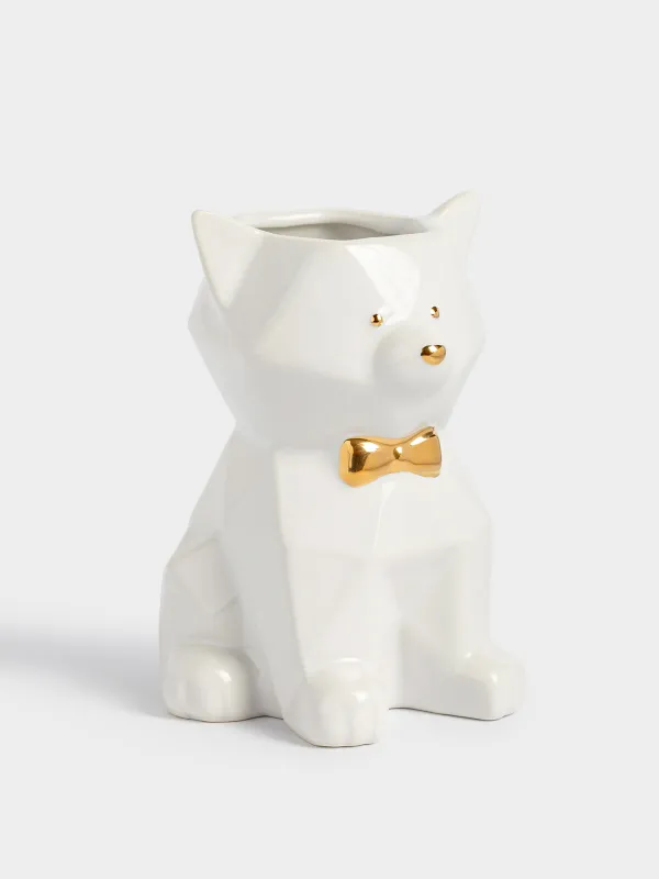 Bathroom tumbler, 14 cm, ceramic, white and gold, Cat, Art modern, image-1