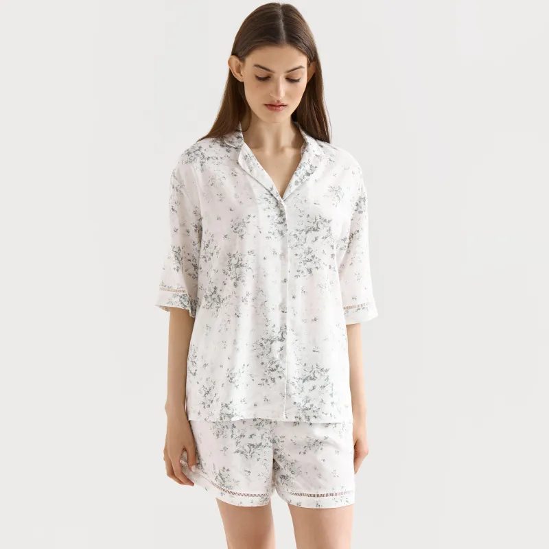 Women's shirt, homewear, size L, with short sleeves, viscose, milky, Flowers, Arsinoa