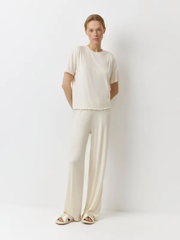 Women's trousers, homewear, size L, with ruffles, modal/spandex, milky, Rosemary, image-0