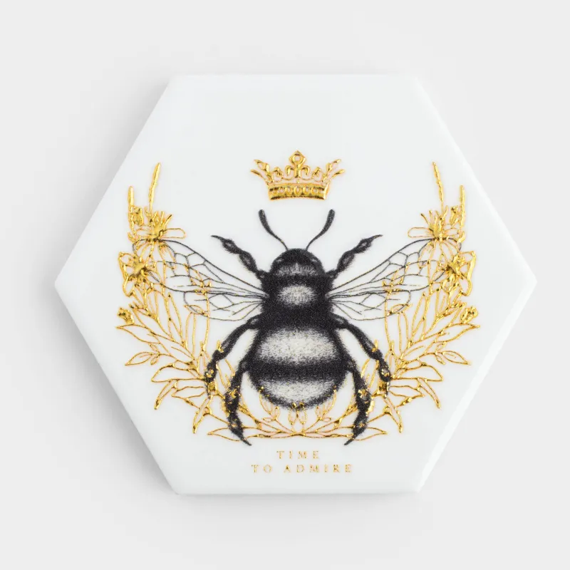 Coaster, 11 cm, ceramic / cork, hexagonal, white, Royal bee, Honey
