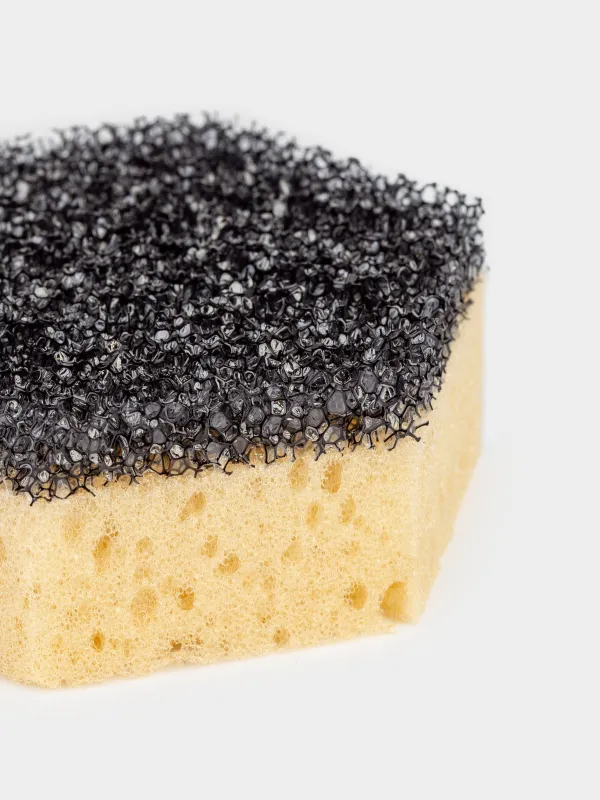 Dish washing sponge, 9x8 cm, 3 pcs, foam rubber/abrasive, black and beige, Black clean, image-3