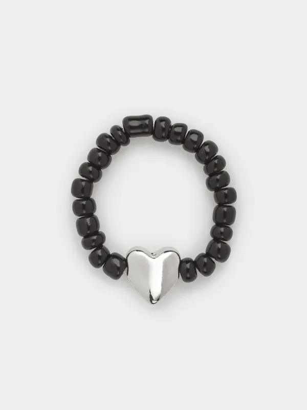 Ring, size S-M, Single size, Glass / metal, black, Heart, Jewelry black, image-0