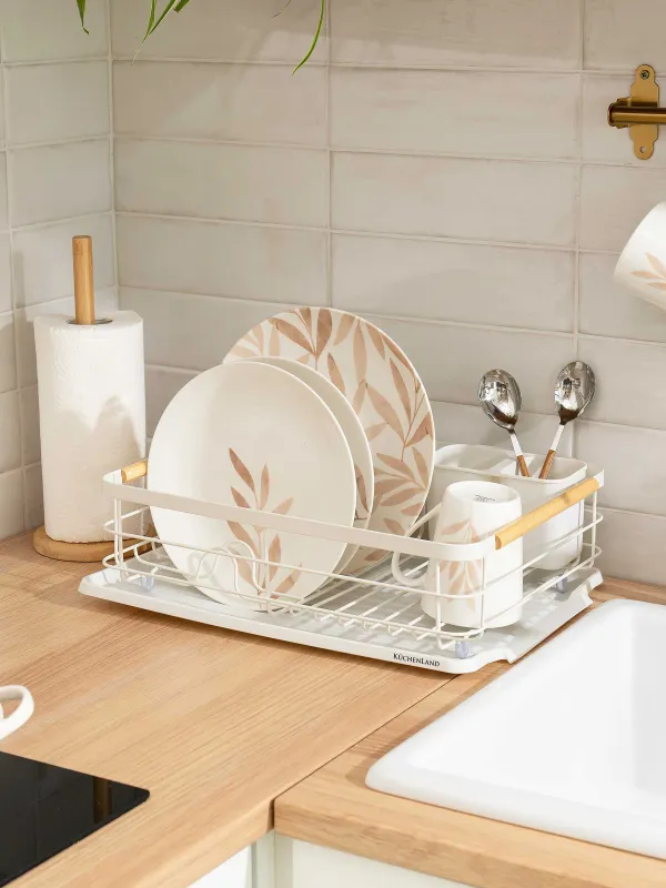 Dish rack, 43x31 cm, with tray, metal / wood / plastic, White style, image-6
