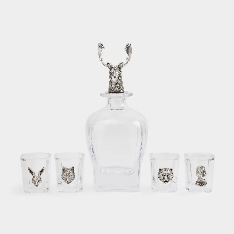 Drink set, 4 persons, 5 items, decanter/stacks, glass / metal, forest animals, Lux elements