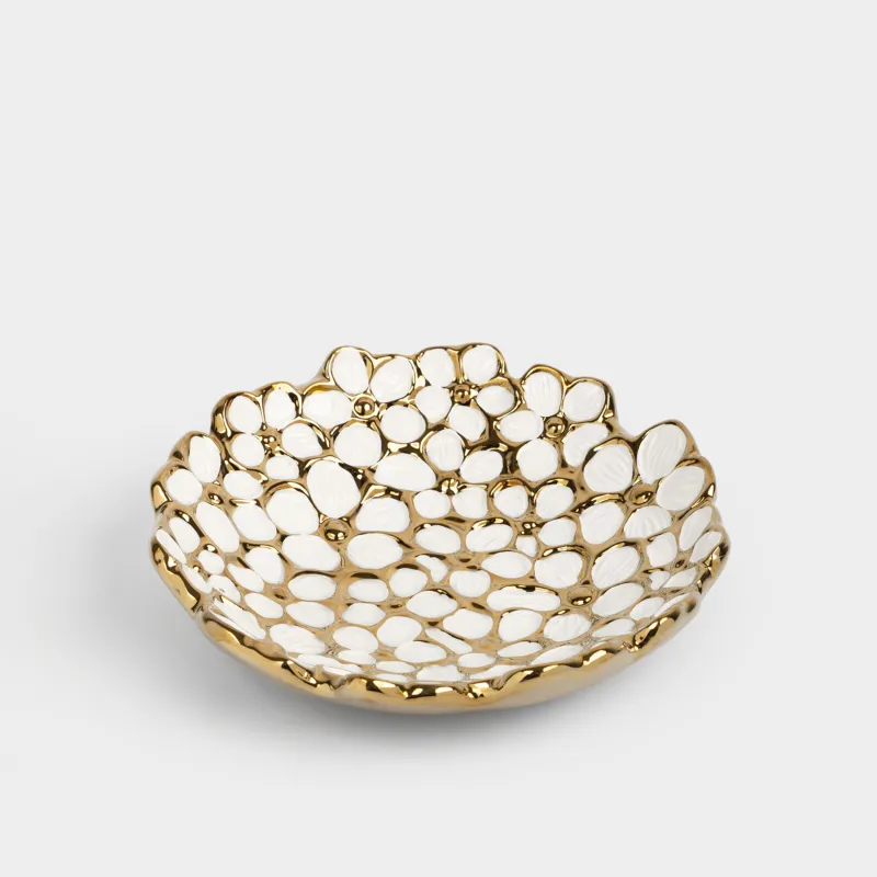 Dish, 20x6 cm, ceramic, white and gold, Flowers, Bloome