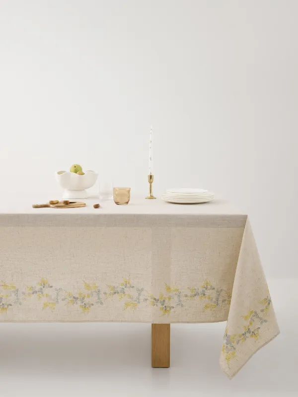 Tablecloth, 160x160 cm, polyester / linen, beige, Mimosa, Mimosa flowers, image-0