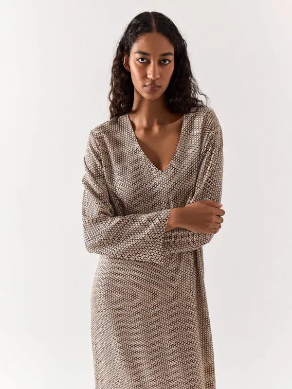 Women's dress, maxi, size S, with long sleeves, viscose, beige, Geometric Pattern, Emri, image-7