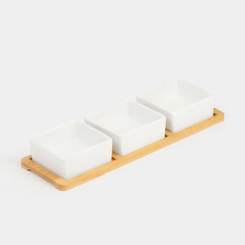 Snack set, 3 items, on a stand, ceramic / bamboo, square bowls, Bamboo