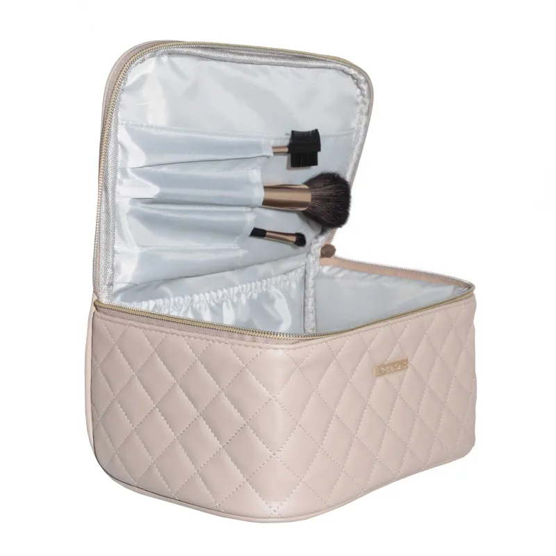 Cosmetic bag, 23x13 cm, quilted, with handle, polyurethane, beige, Quilted, image-3