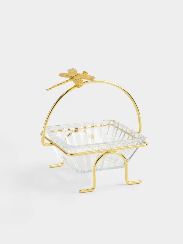 Bowl, 12x12x5 cm, 250 ml, on a stand, gold, glass / metal, Dragonfly, Dragonfly, image-1