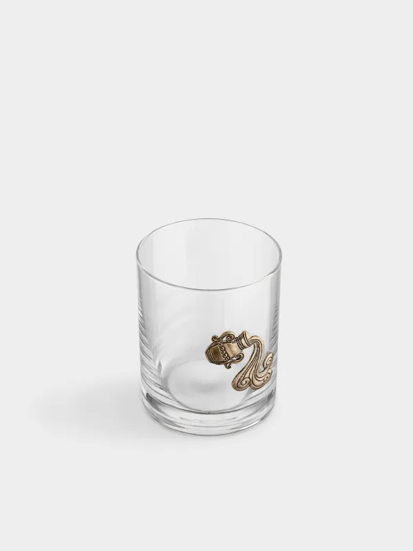 Drinking glass, 10 cm, 340 ml, glass/metal, golden, Aquarius, Zodiac, image-1