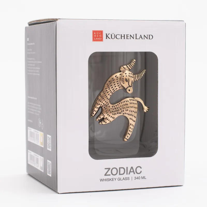 Whiskey glass, 10 cm, 340 ml, glass / metal, golden, Taurus, Zodiac, image-5