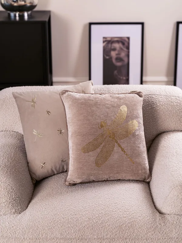 Decorative pillow, 45x45 cm, chenille / corduroy, gray-beige, Dragonfly, Dragonfly, image-3