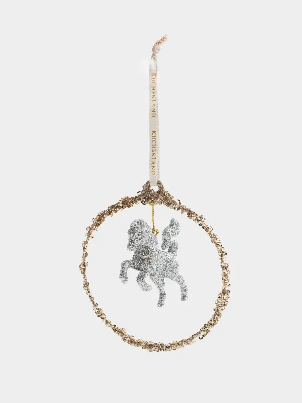 Christmas tree toy, 11 cm, metal / plastic, champagne, Horse, Figure sparkle, image-2