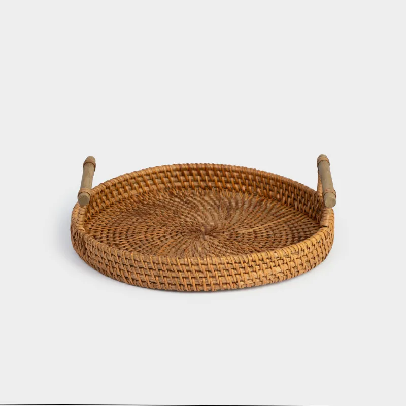 Tray, 24 cm, wicker, with handles, rattan / wood, round, Eco home