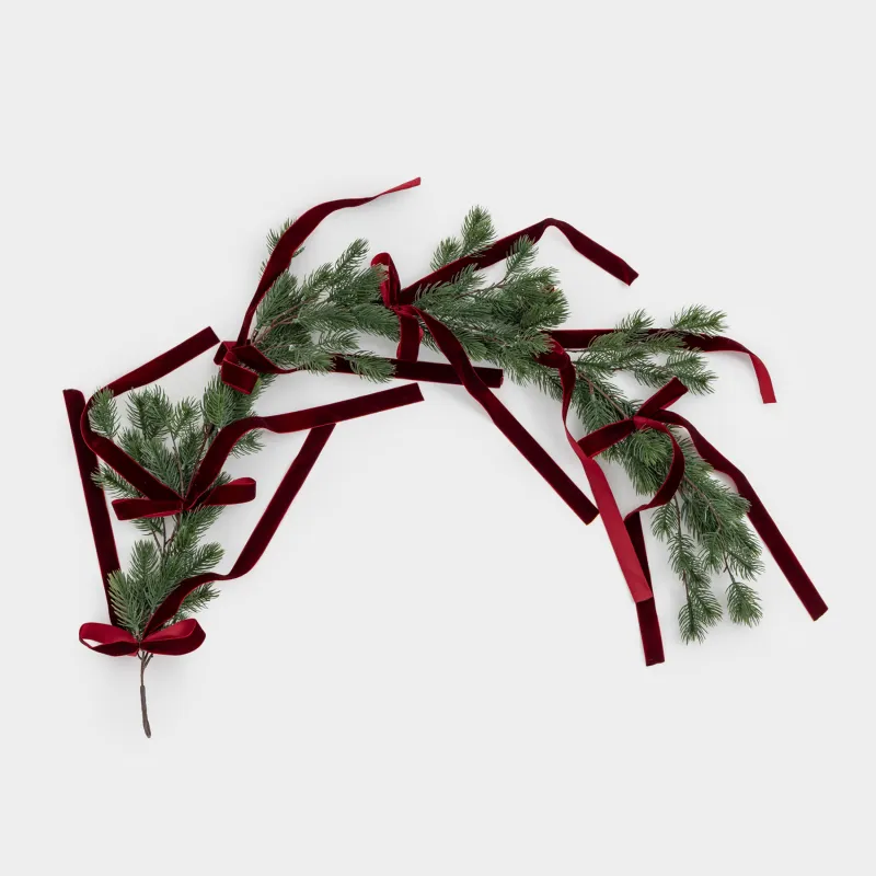 Decorative garland branch, 1.3 m, polyethylene, Spruce with red bows, Conifer decor